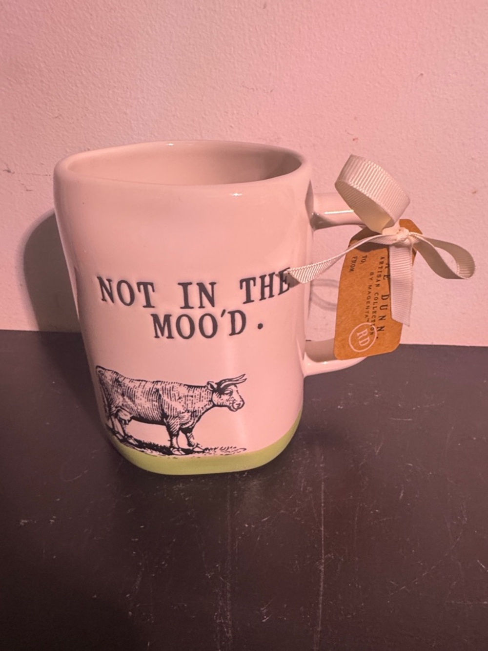 Rae Dunn "Not In The Mood" White Mug with Light Green Base